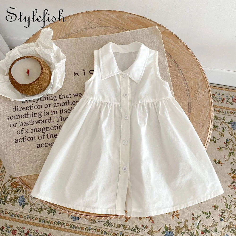 Ins Korean baby skirt summer 0-4T white baby dress 100% cotton sleeveless girl dress sleeveless doll collar