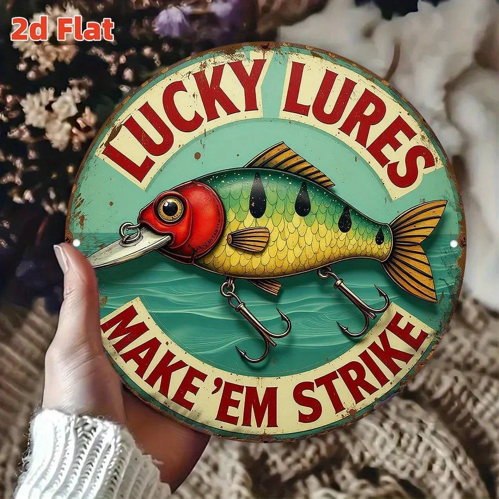 لافتة صيد السمك "Lucky Lures" - لوحة فنية جدارية كلاسيكية من الألومنيوم مع تصميم أسماك وخطافات ملونة، مقاومة للماء والغبار
