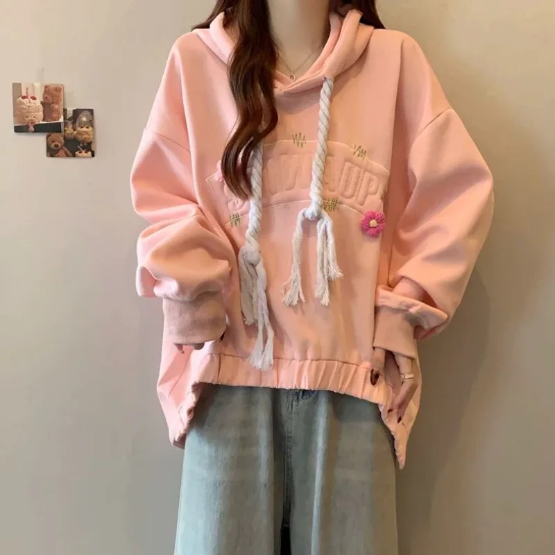 봄과 가을 루즈핏 긴팔 여성 후드티 스웨트셔츠 한국 스트릿웨어 Y2K 빈티지 90년대 케이팝 여성 후드탑