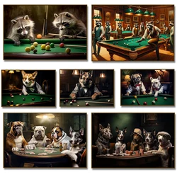 Abstract Funny Animal Dog Playing Poker Raccoon Playing Billiard Canvas Painting Wall Art Pictures Posters Print Room Home Decor
