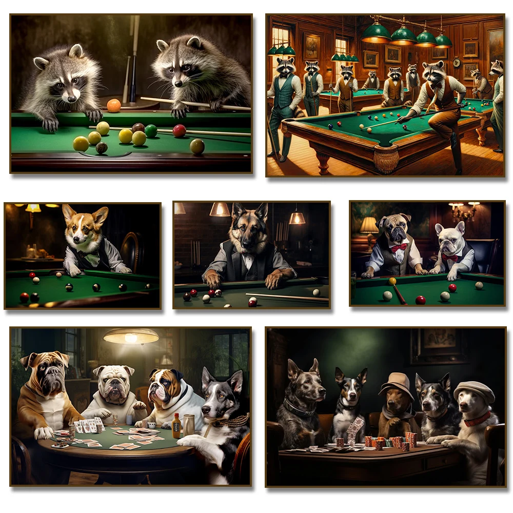 Abstract Funny Animal Dog Playing Poker Raccoon Playing Billiard Canvas Painting Wall Art Pictures Posters Print Room Home Decor
