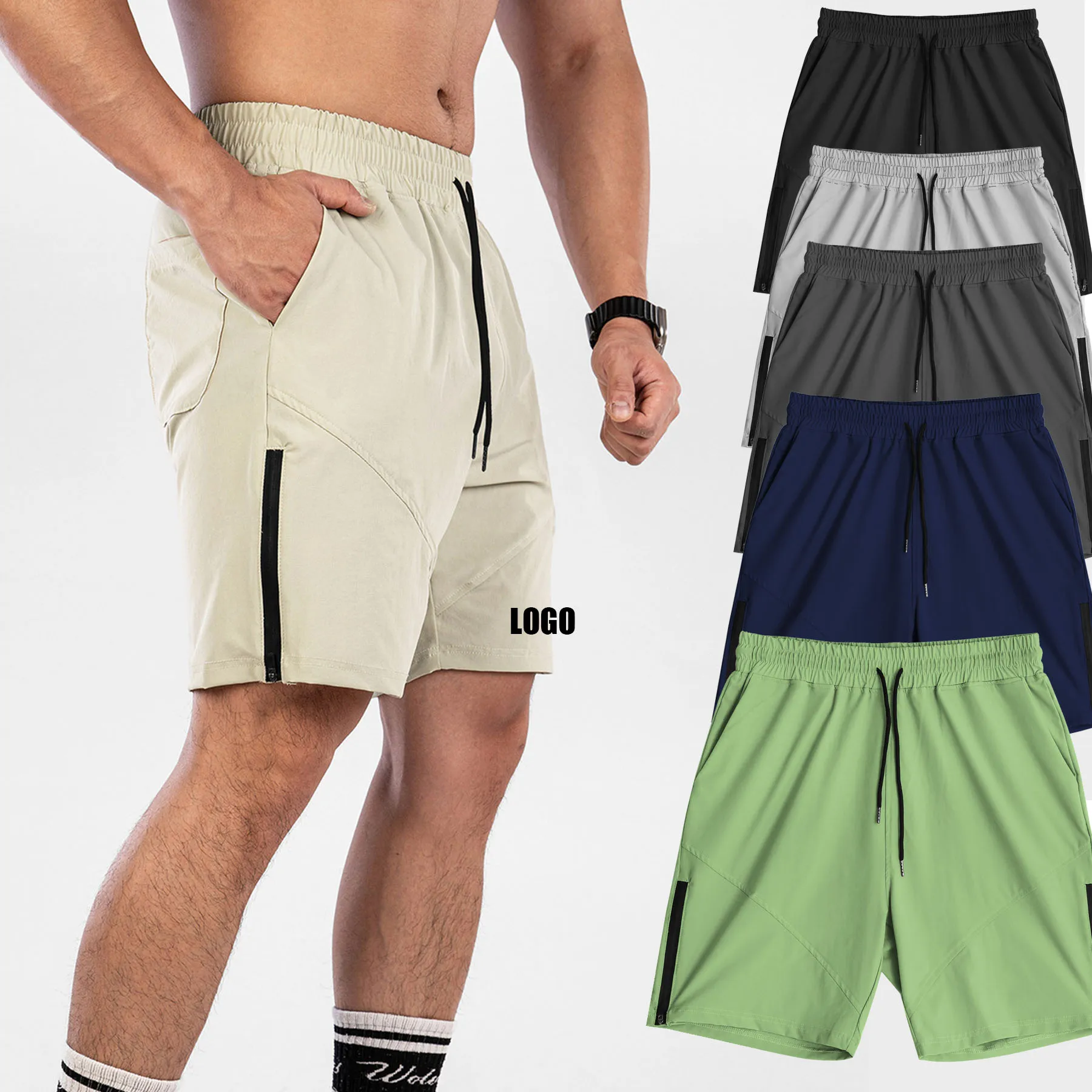 

Мужские летние спортивные шорты на молнии с логотипом для отдыха на открытом воздухе, быстросохнущие дышащие брюки для бега, фитнеса с пятью точками