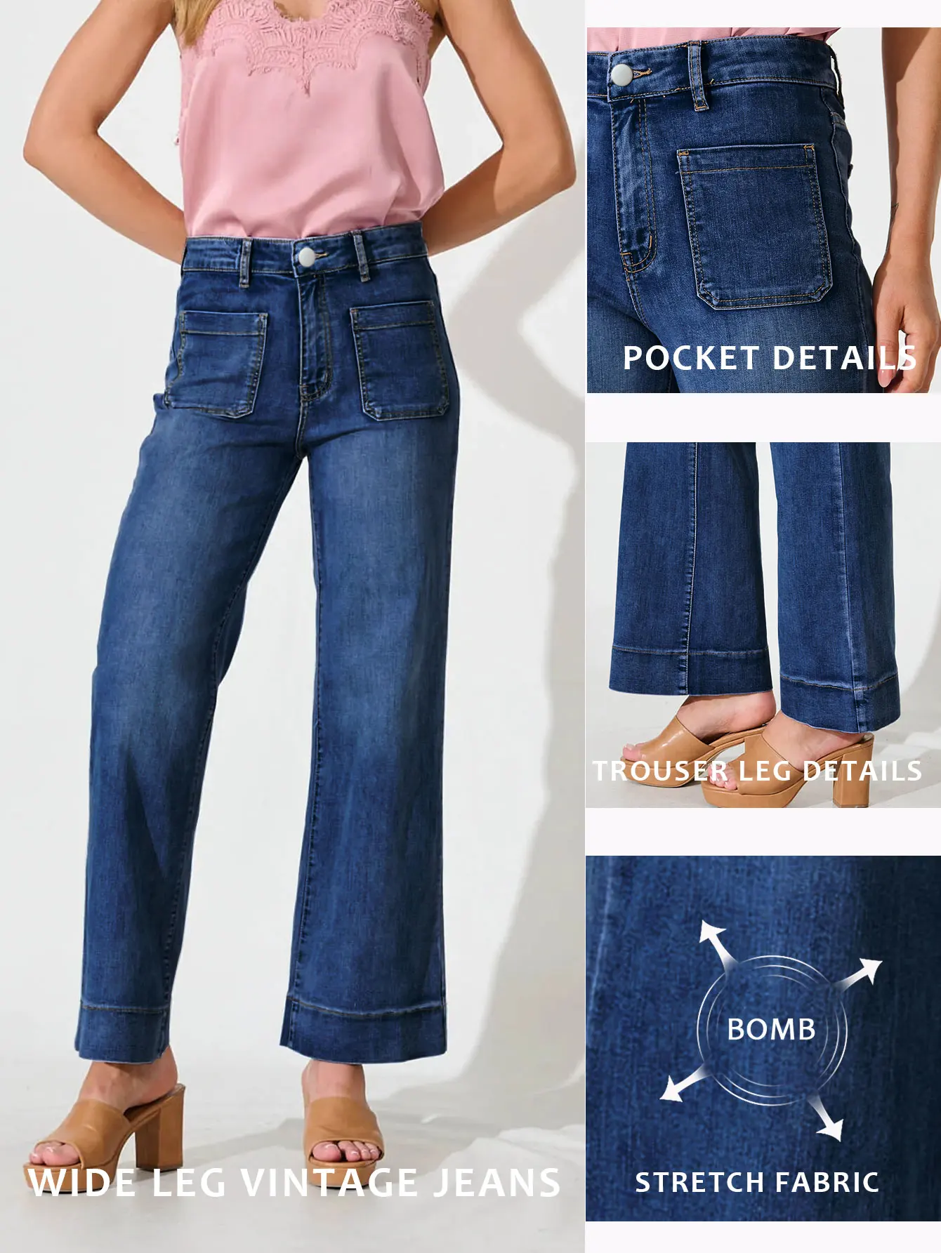 

2025 New Women's Dark Blue Mid-Rise Wide Leg Jeans Vintage Stretch Fabric Comfortable Soft Classic Casual Button Placket Jeans