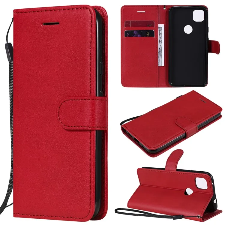 

For Google Pixel 4a 4G Case Solid Color Leather Mobile Cover Wallet Stand with Strap - Red