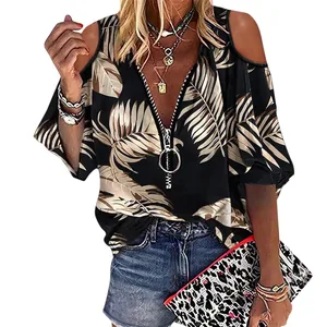 Kurzarm von Frauen aus der Schulter, lässige Bluse, Zipper, V V, lose Kleider t -Shirt, Frauenhemd, Sommerkleidung 12 Hauptverkaufsbluse Reißverschluss - №7