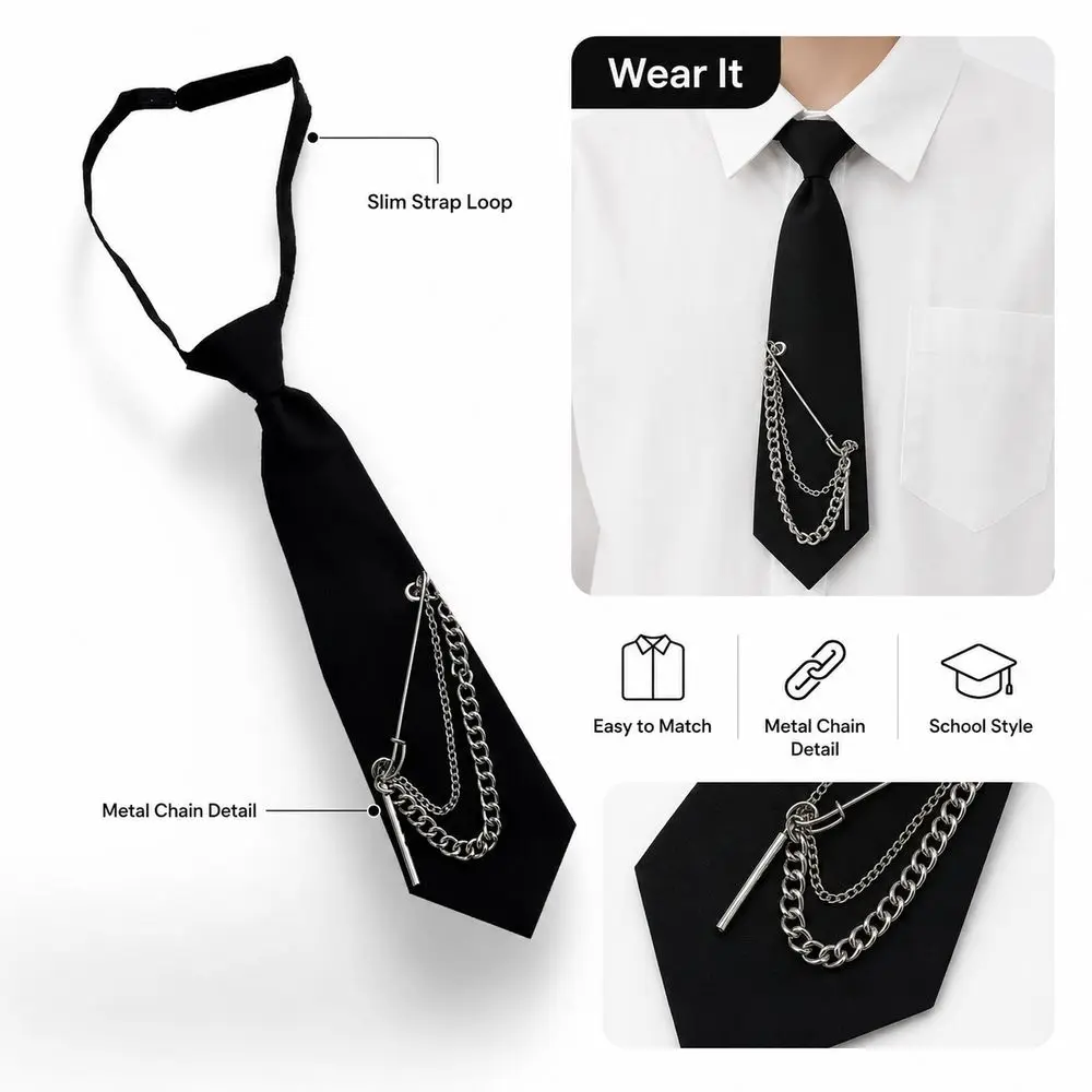 Black Pre-Tied Necktie Safety Pin Detail Alloy Chain Uniform Neck Tie Adjustable Neck Strap Chain Necktie School Uniform Styling