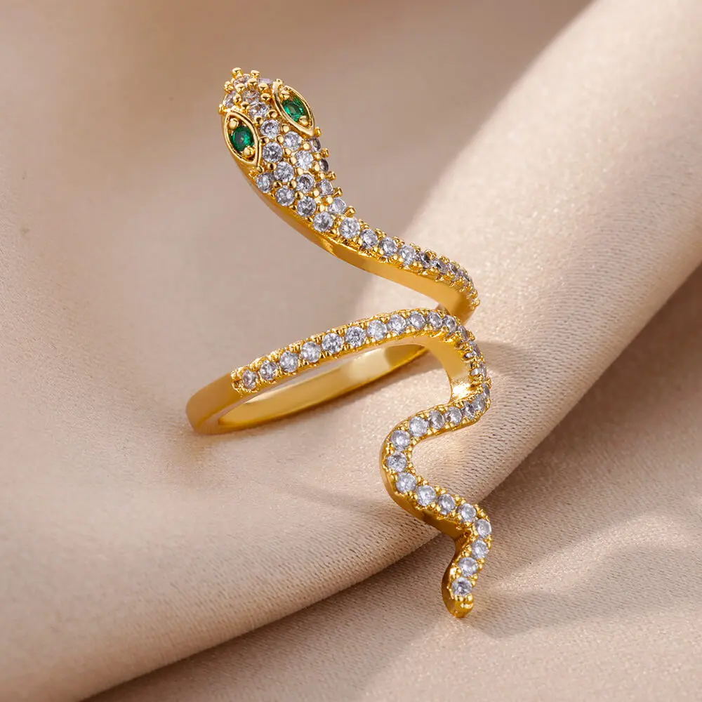 Zircon Snake Rings For Women Vintage Micro-Inlaid Stainless Steel Snake Open Adjustable Ring Party Jewelry Accessories Anillos