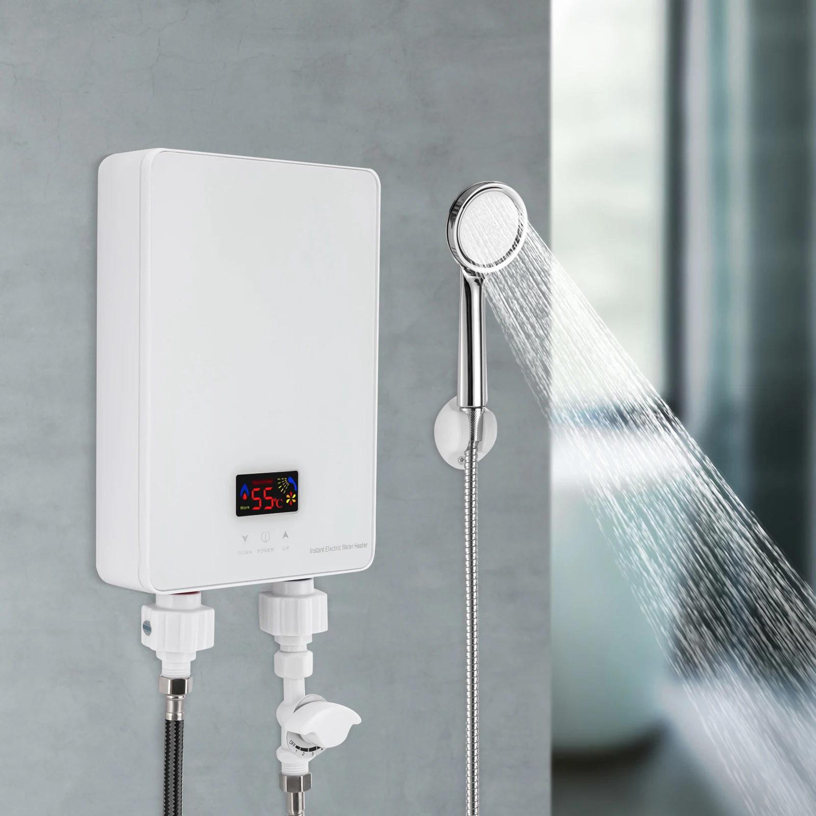 Chauffe-eau instantané 6Kw, en acier inoxydable blanc, commande tactile verticale avec robinet rotatif
