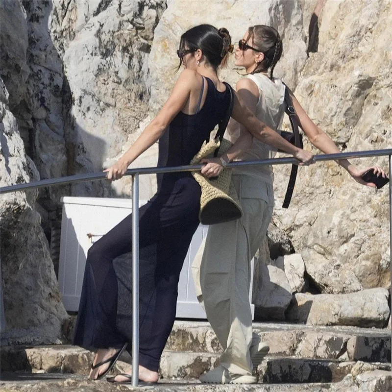 DSMTRC Blu scuro Basic senza maniche trasparente O-collo Abiti da canotta in rete sexy Vacanza al mare Abito casual slim streetwear per donna