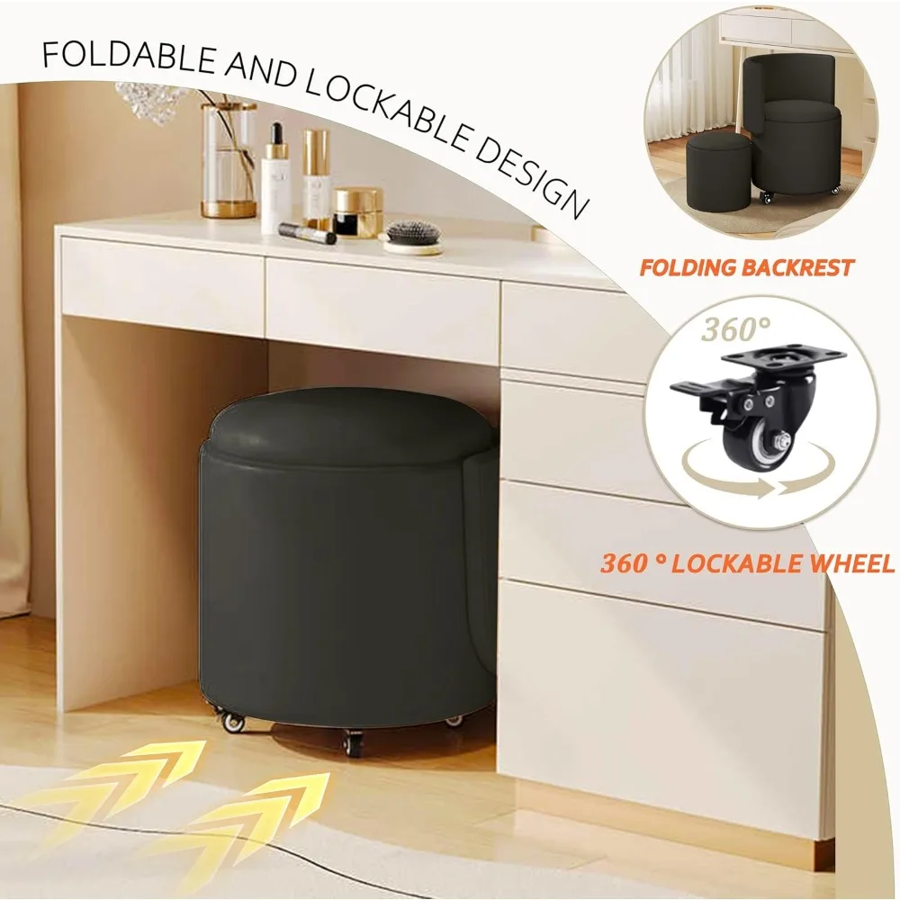 كرسي الغرور مع مساحة تخزين، كرسي مكياج دوار من جلد البولي يوريثان مع ظهر قابل للطي، عثماني منجد لـ B
