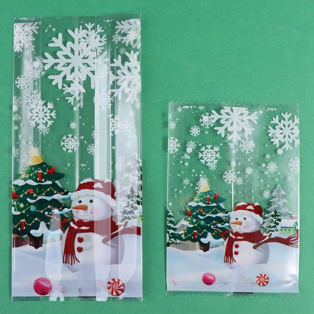 50 pçs sacos de biscoitos de plástico transparente de natal engrossado boneco de neve floco de neve padrão cozimento sacos de embalagem de doces presentes de natal