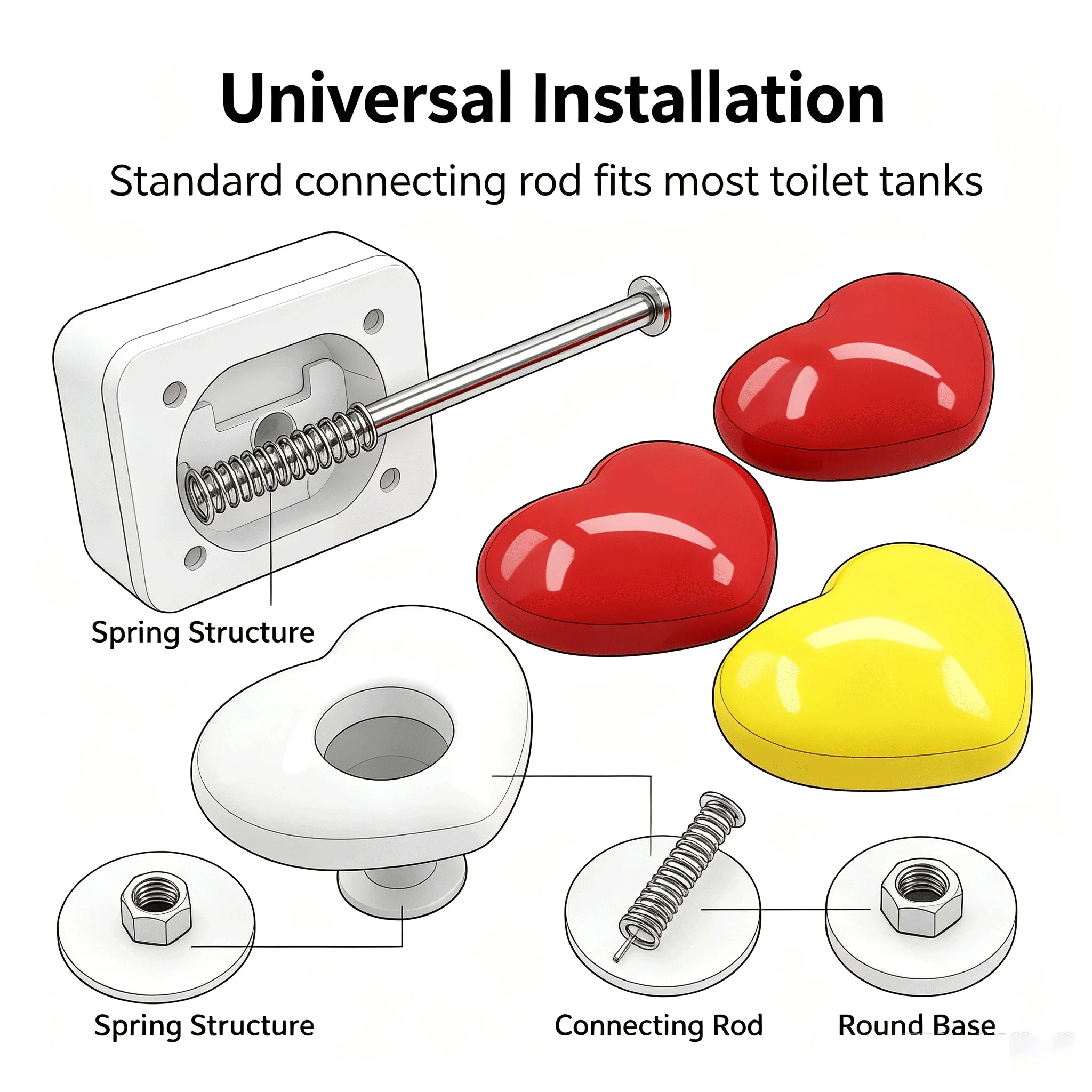 Heart‑Shaped Toilet Tank Buttons, 4Pcs Universal Toilet Flush Press Knob Replacement, Cute Love‑Shape Bathroom Tank Push Buttons Decorative Toilet Accessory Gift