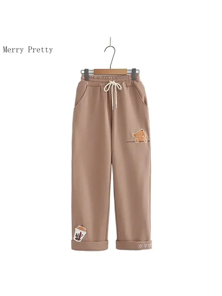 

Khaki Cartoon Bear Embroidery Straight Pants Sweet Style Women Trousers 2024 Summer New Loose Casual Ladies Pockets