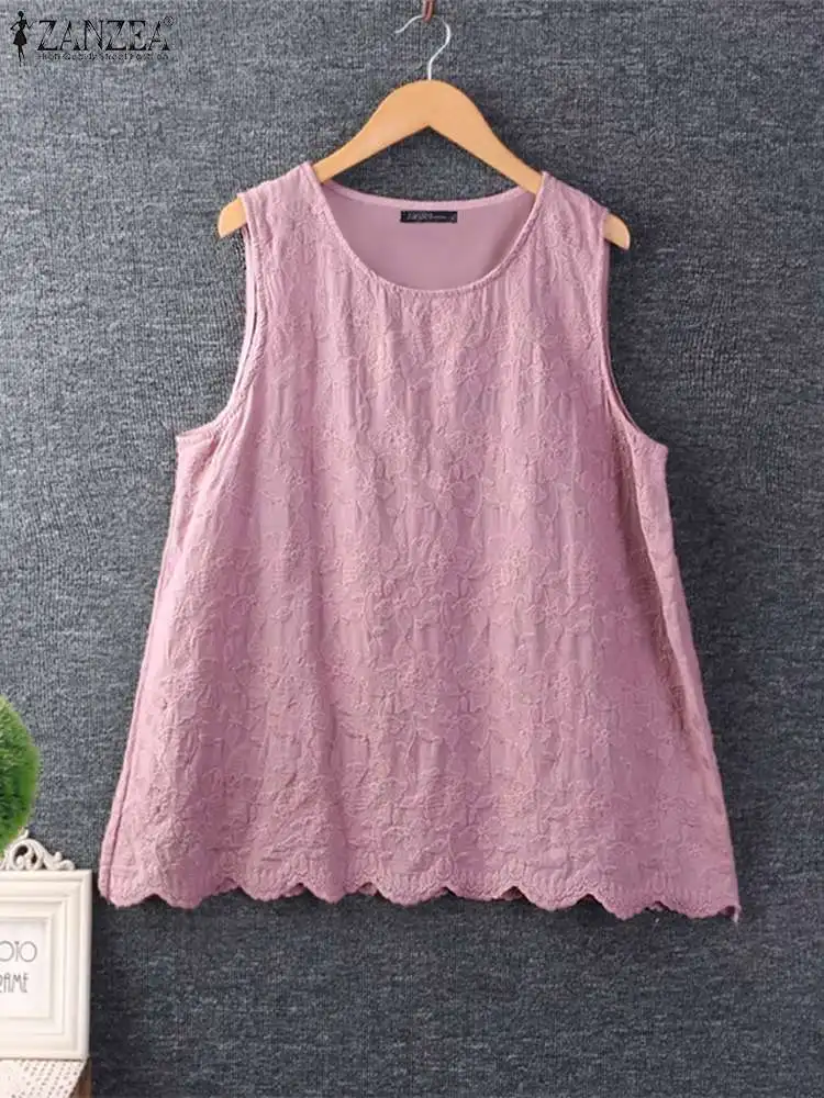 ZANZEA Floral Embroidery O Neck Tank Tops Casual Lace Patchwork Summer 2024 Elegant Camis Women Solid Color Sleeveless T-shirts