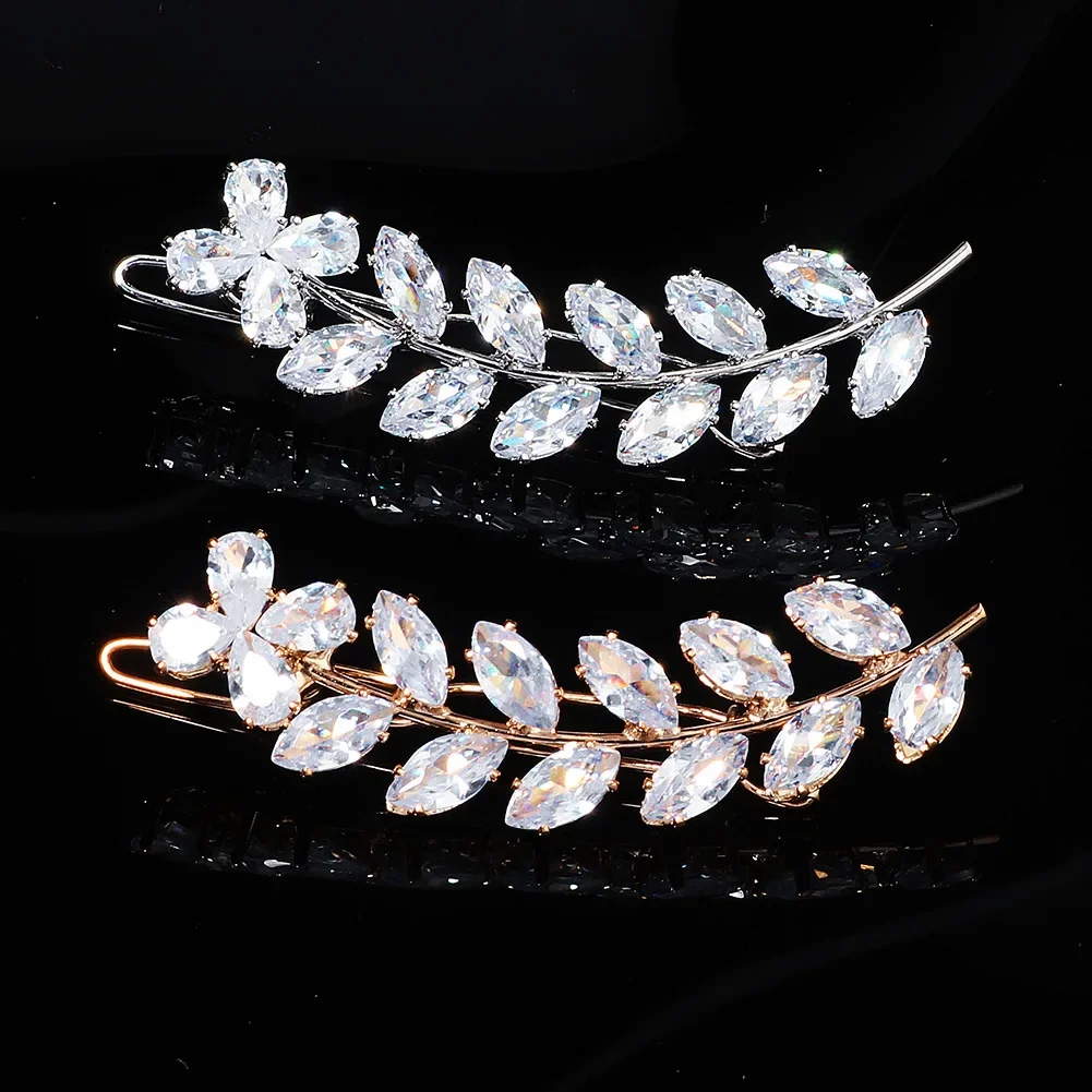 Fashion Barrette Cubic Zirconia Leaf Hair Clips for Women Accessories Bridal Wedding Hair Jewelry Party Bride Headpiece