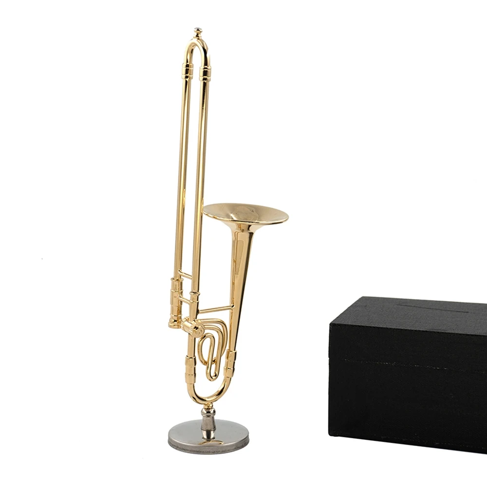 12cm Miniature Pure Copper Trombone Model with Support Mini Musical Instrument Model with Black Leather Box