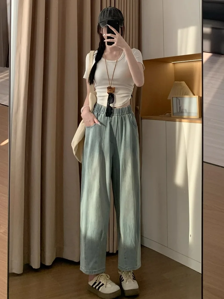 

2025 прямые джинсы с высокой талией и девятью зубцами, большие размеры, женские летние повседневные широкие брюки, удобные крутые ощущения