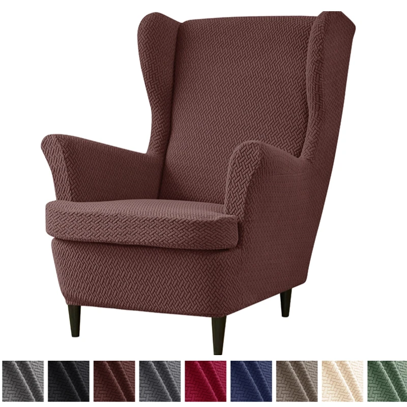 2pcs/set Jacquard Wing Chair Covers Solid Color Stretch Wingback Armchair Slipcovers Anti-dirty Furniture Protector Decor image 3