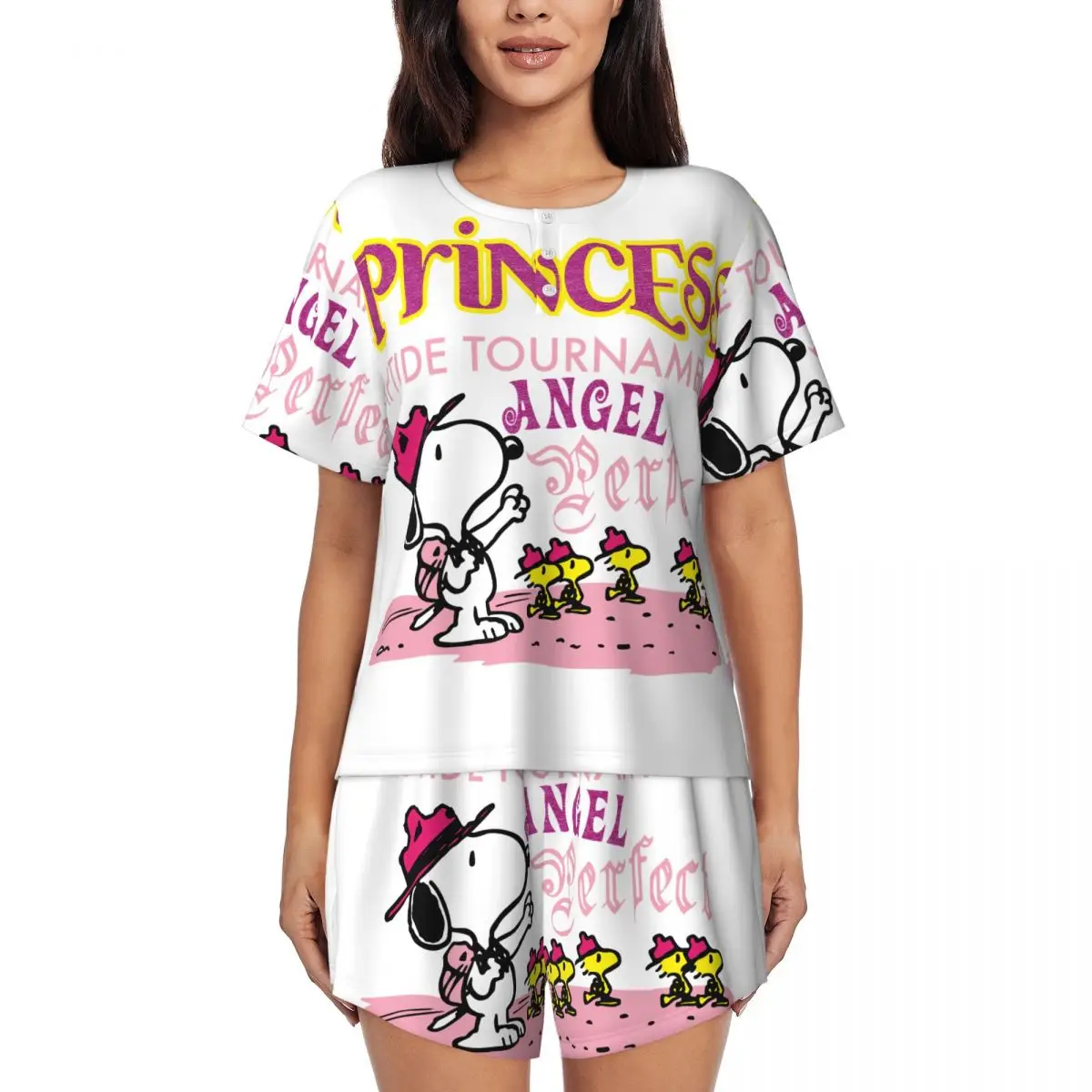 

Women Manga Snoopy Woodstock Cartoon Dog Pajamas Set Custom Print Short Sleeve Sleepwear Loungewear Pjs 2 Piece Sets