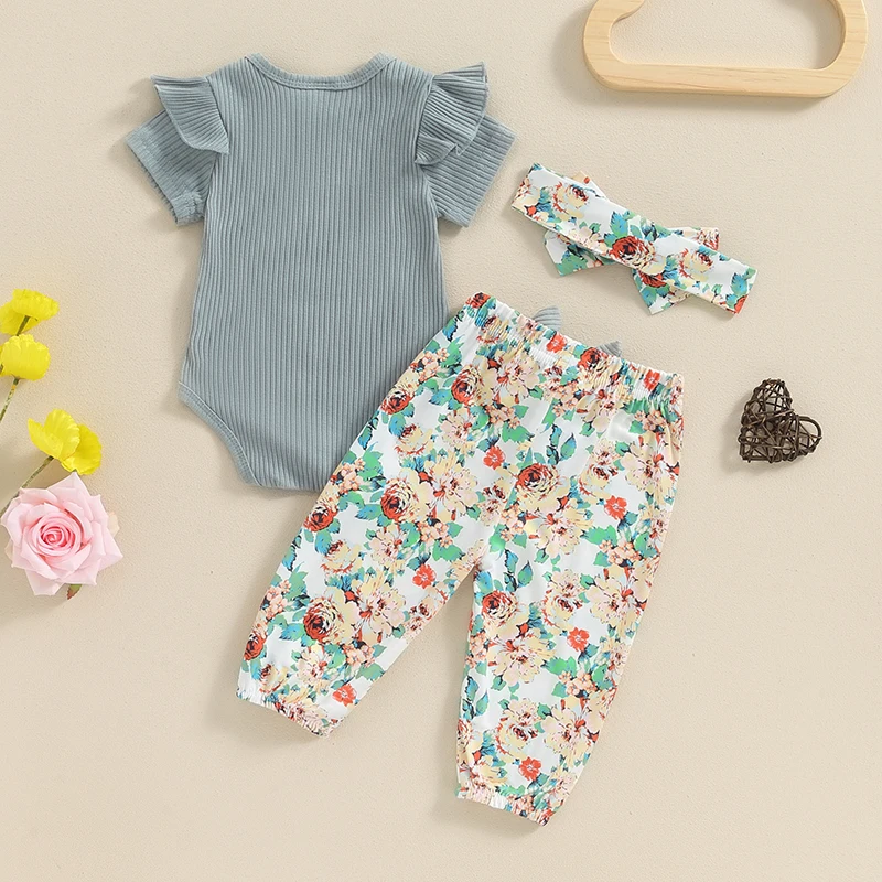 2024-04-15 Lioraitiin 0-18M Summer Baby Girls Outfit Letter Print Short Sleeves Romper and Floral Pants Headband Set