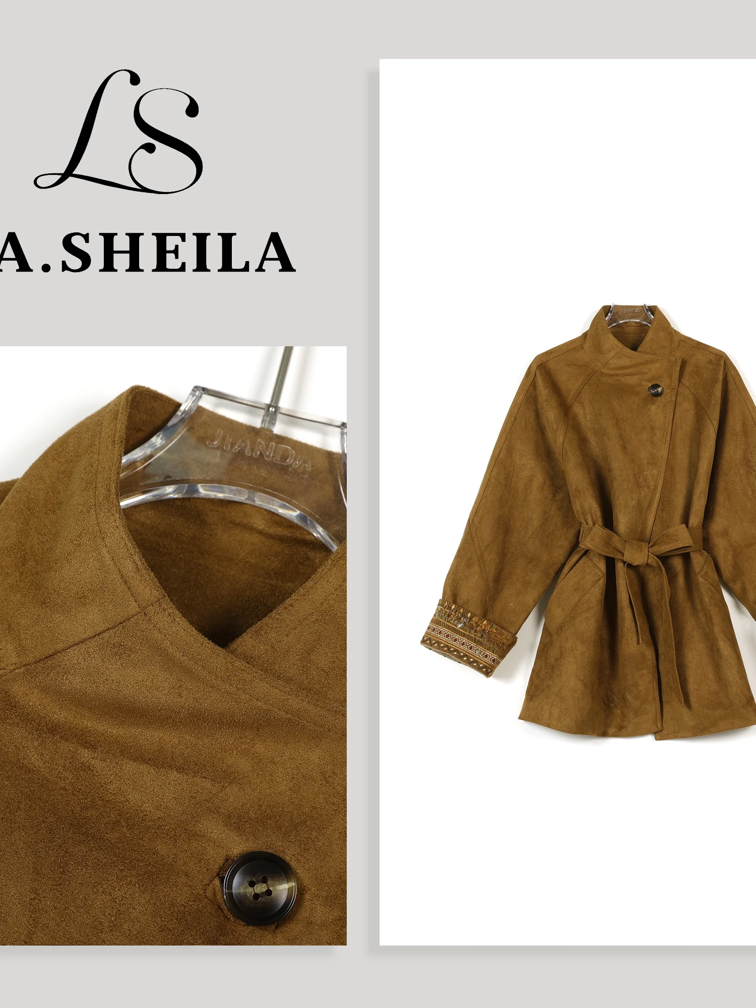 

High-Defn Suede Windbreaker Jaet with Belt Fall Winter New Sle Swan Lake Stand Collar Korean Loose Fit Long Sve