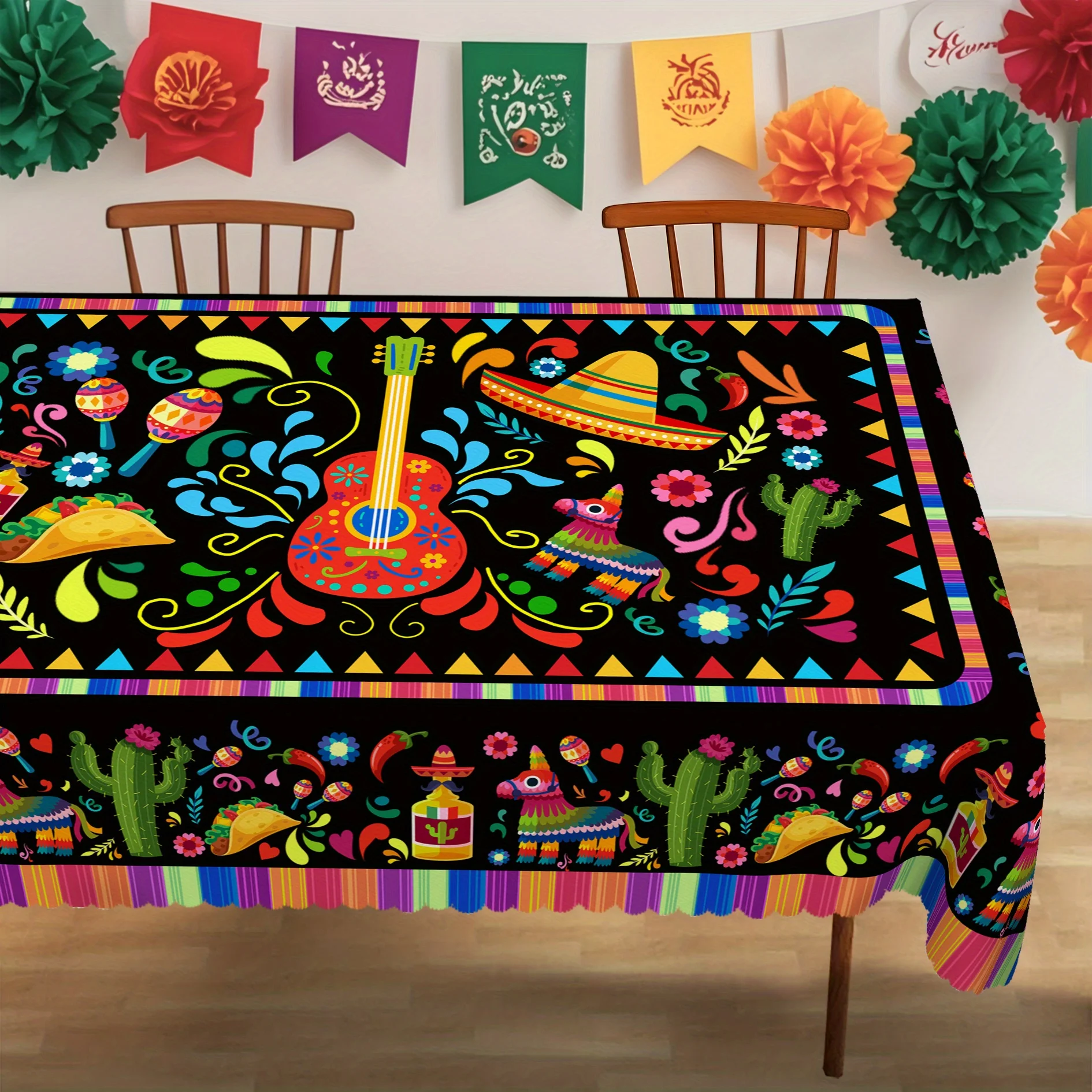 1 piece of Mexican-themed floral tablecloth, featuring guitar, cactus and pony design - bright polyester round shapezyc