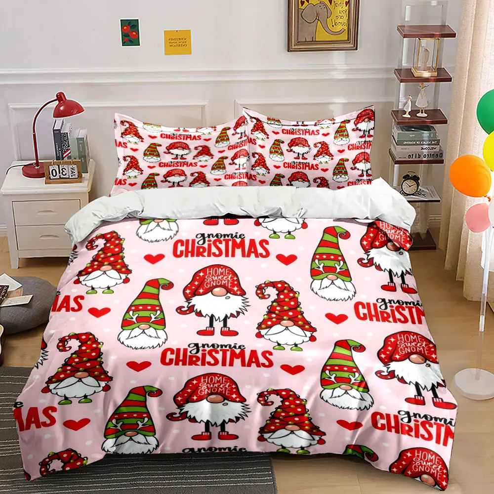 Festive Christmas Gnomes with Hearts and Decorations Print Duvet Cover Bedding Set Included 1*Duvet Cover 2*Pillowcases