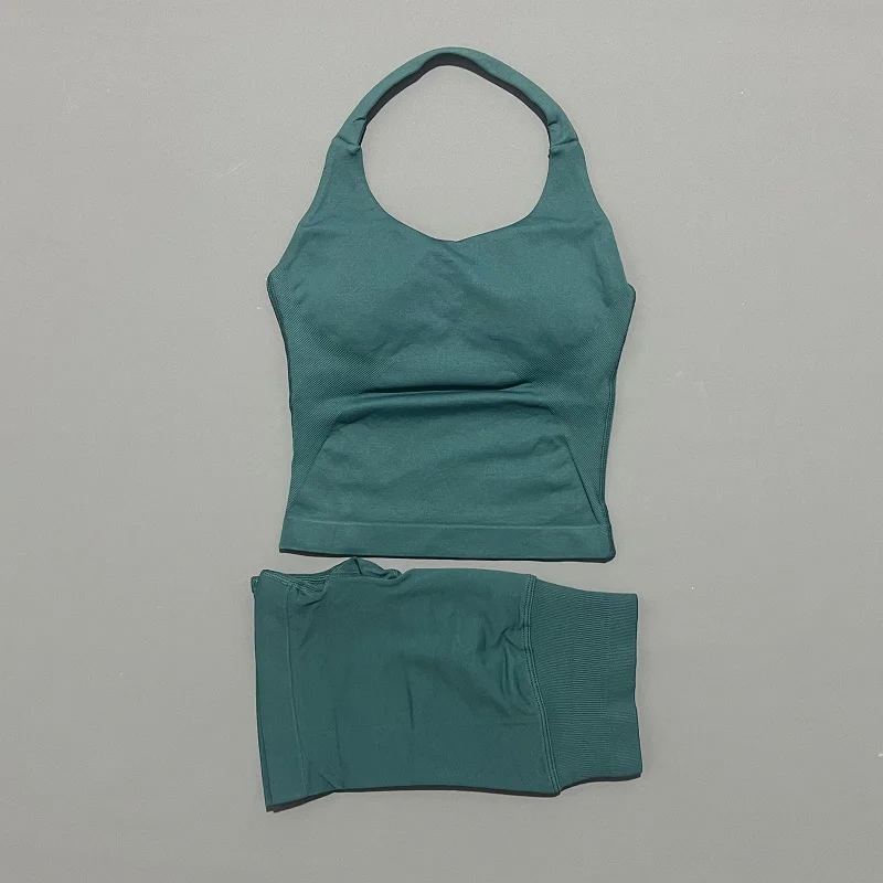 2-delige sportgymset voor dames, lange tanktop met bandjes, gevoerde yogakleding, naadloze sportshorts, fitness hardloop trainingspak