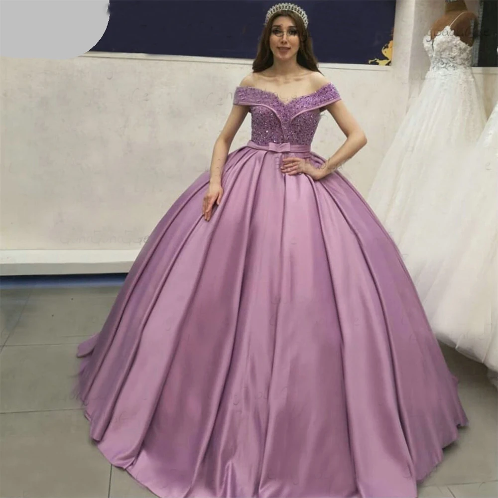 핑크 비즈 오프 어깨 Quinceanera 이브닝 드레스 푹신한 볼 가운 댄스 파티 드레스 레이스 UpSatin vestidos elegantes 파라 mujer паатье