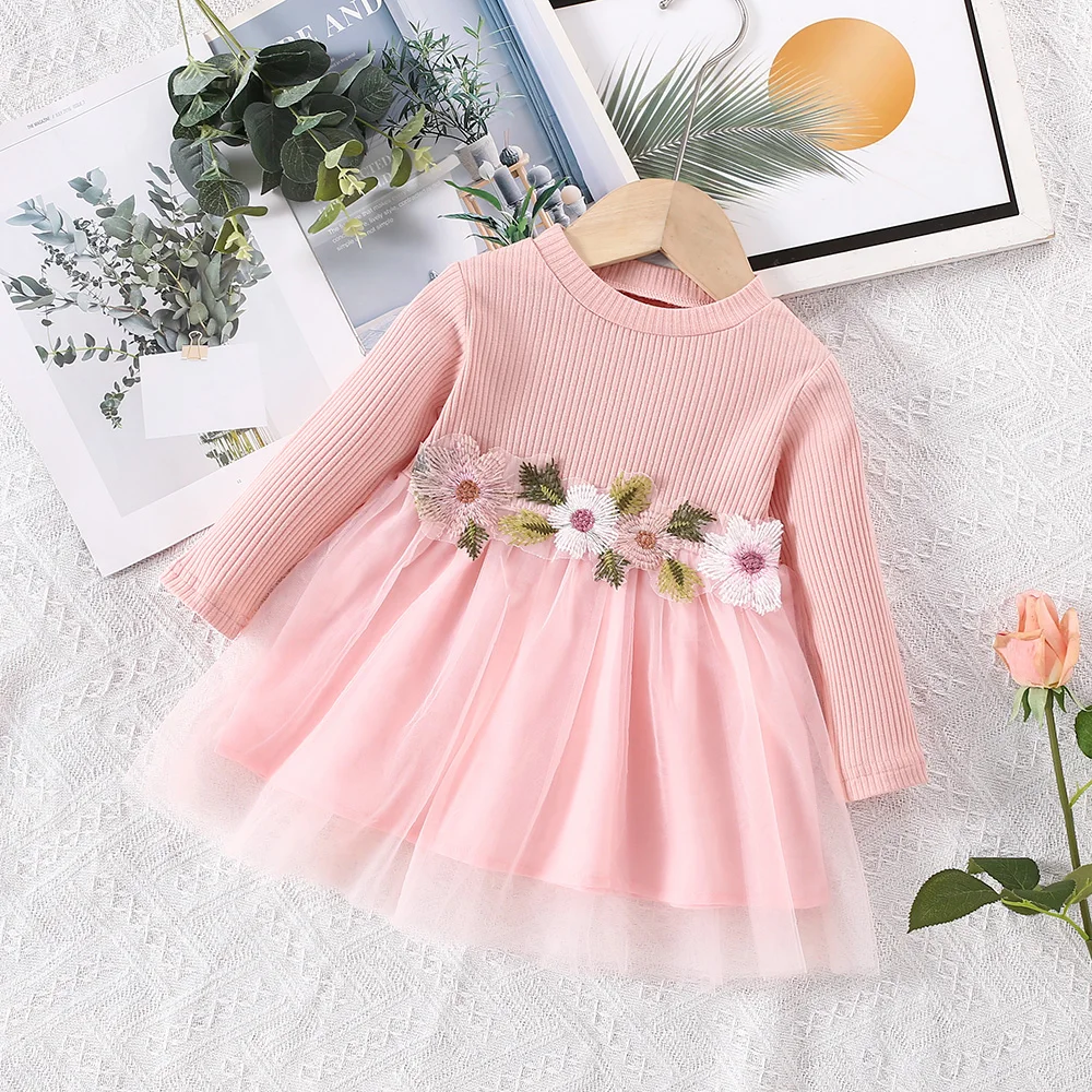 Spring and Autumn Baby Girl Dress Solid Color Long Sleeve Top Spliced Mesh Waist Embroidered Flower Princess Dress