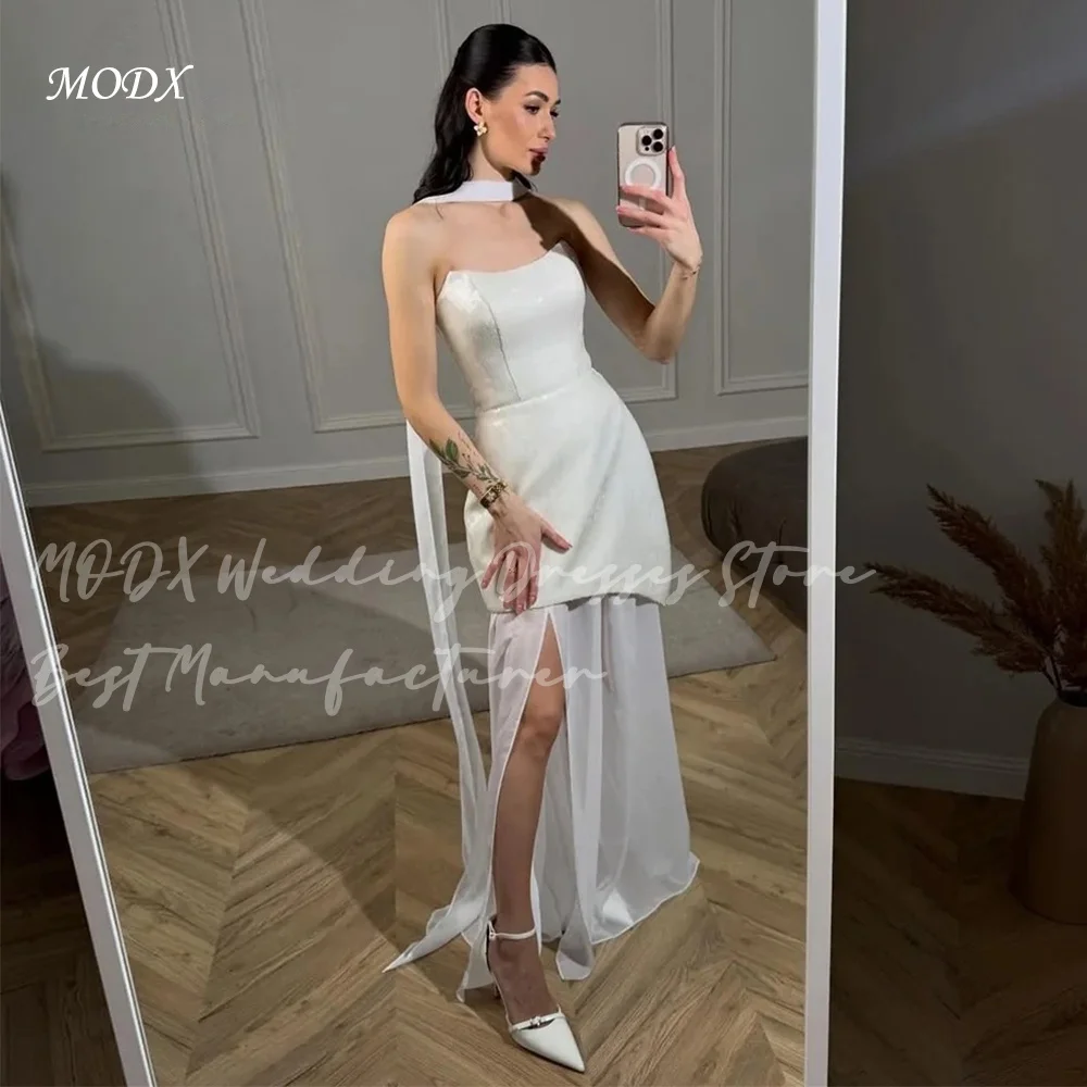 MODX Modern Ivory Wedding Dress Choker Neck Mini Silhouette High Slit Overlay Sheer Fabric Floor Length Bridal Party Gown