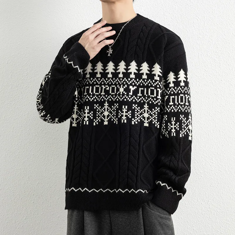 

Thiened осенне-зимний круглый вязаный свитер Ne для мужчин, теплая верхняя одежда с узором Fair Isle для подростков и студентов