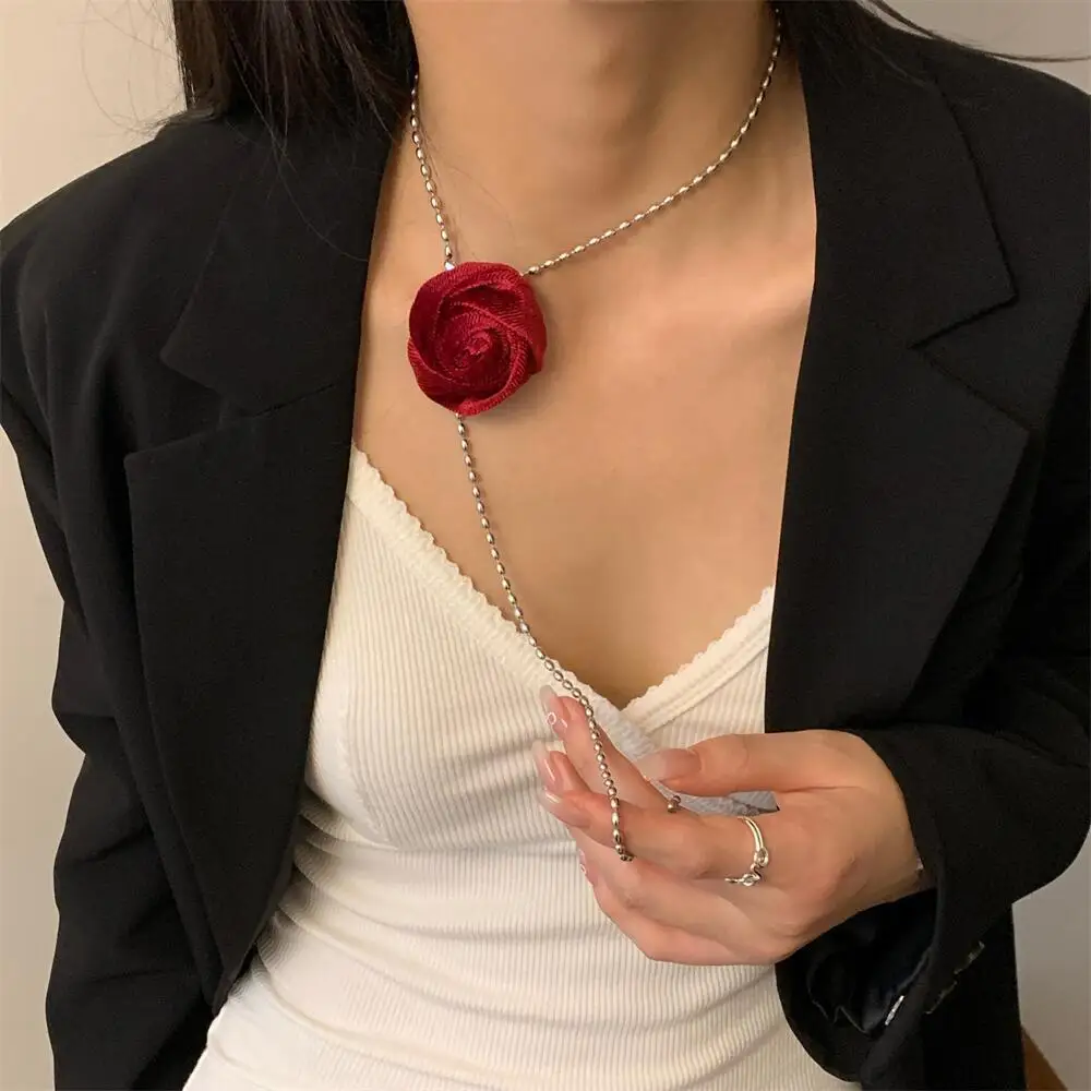 Tassel Metal Chain Plush Rose Flower Necklace with Adjustable Multiple Wearing Methods Sweater Chain for Women