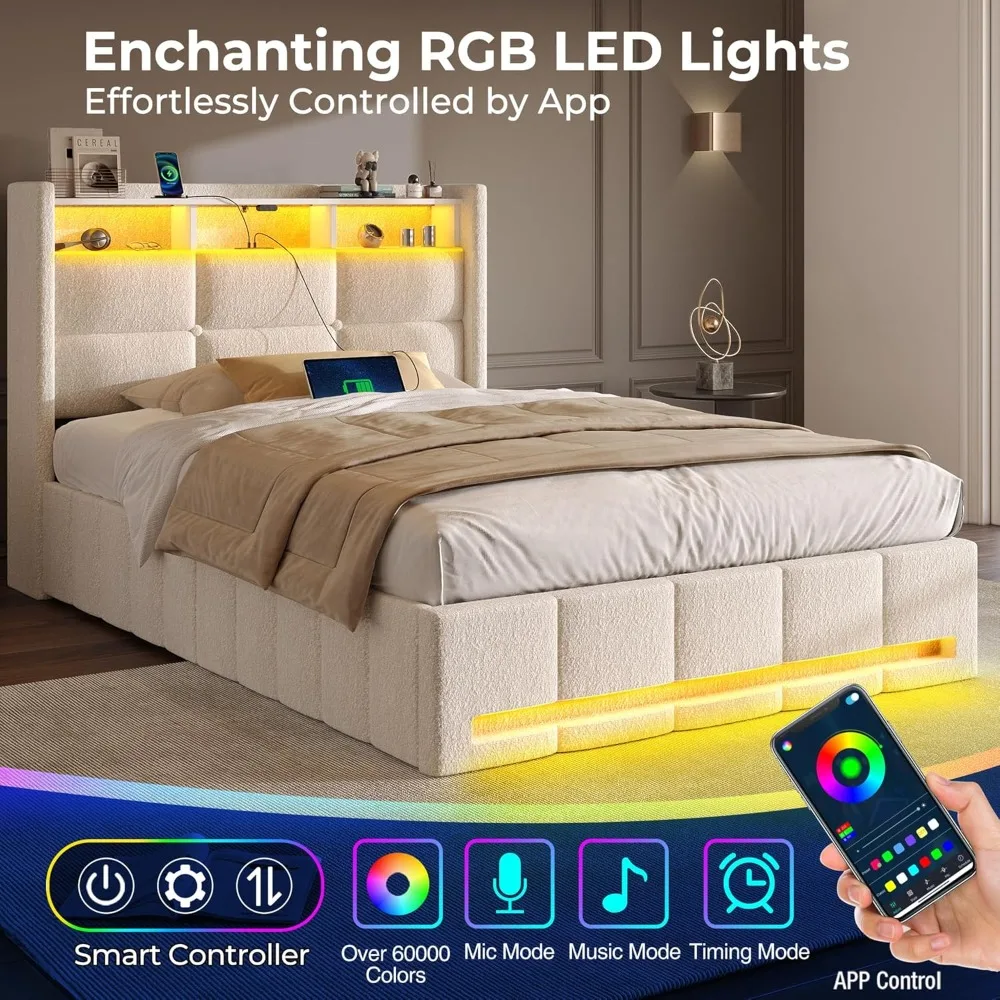 Cadre de lit double avec rangement relevable, station de recharge et lumières LED, tête de lit de rangement rembourrée, lattes en bois, cadre de lit