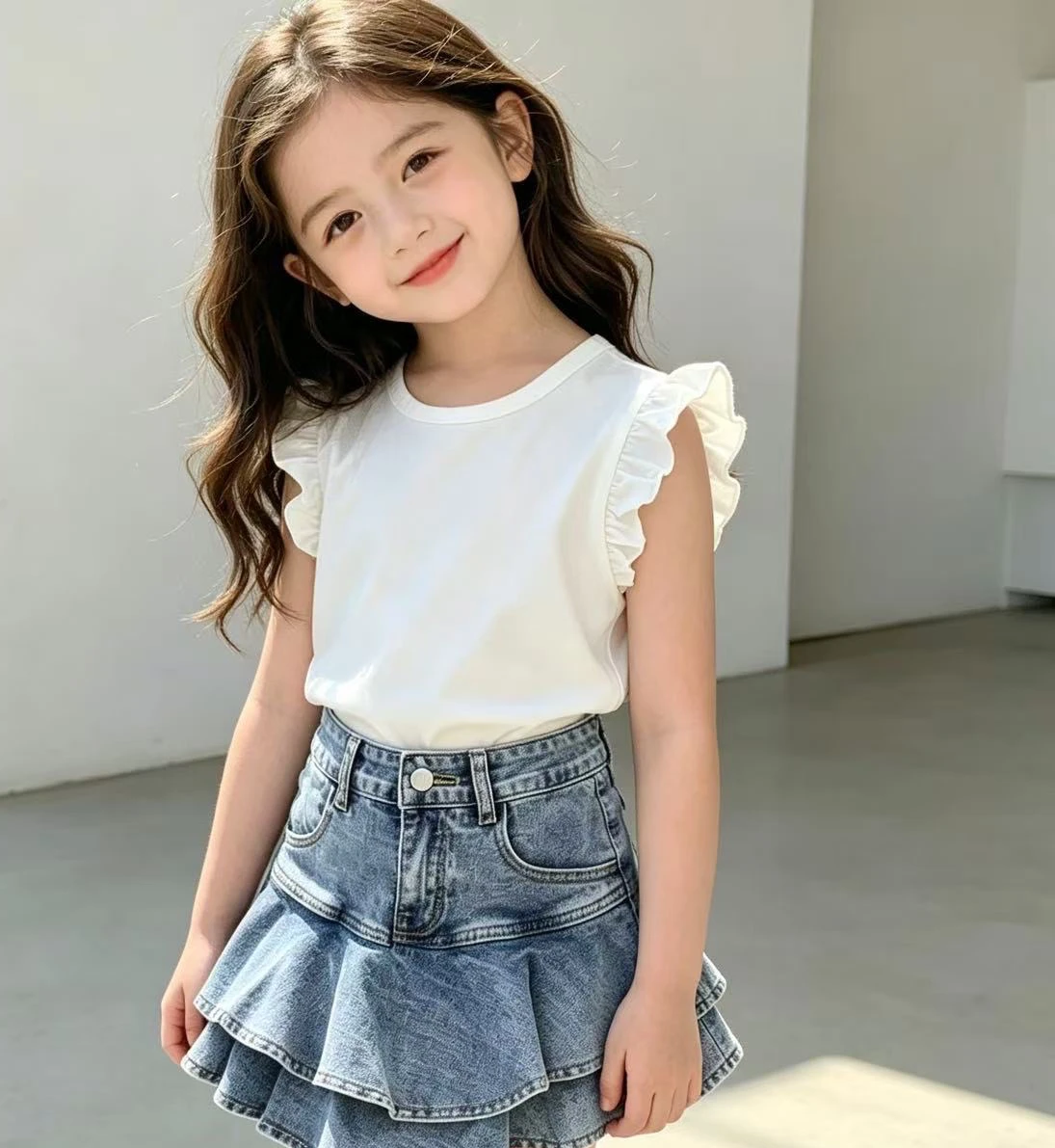 Girls Lotus Leaf Short Sleeve Set 2026 Summer Thin Girls' Flying Sleeve Tank Top Princess T-shirt Skirt Two Piece Set