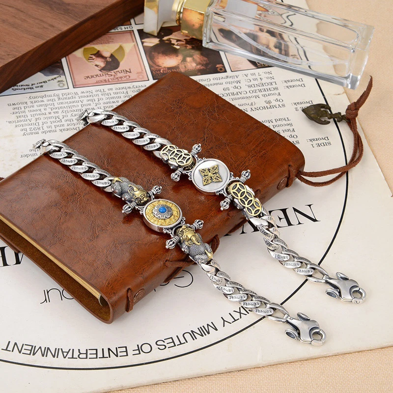 OUYADI Men S925 Silver Pixiu Bracelet Retro Tibetan Style Rotatable Dial Inlaid Gem Thick Chain Jewelry Gift