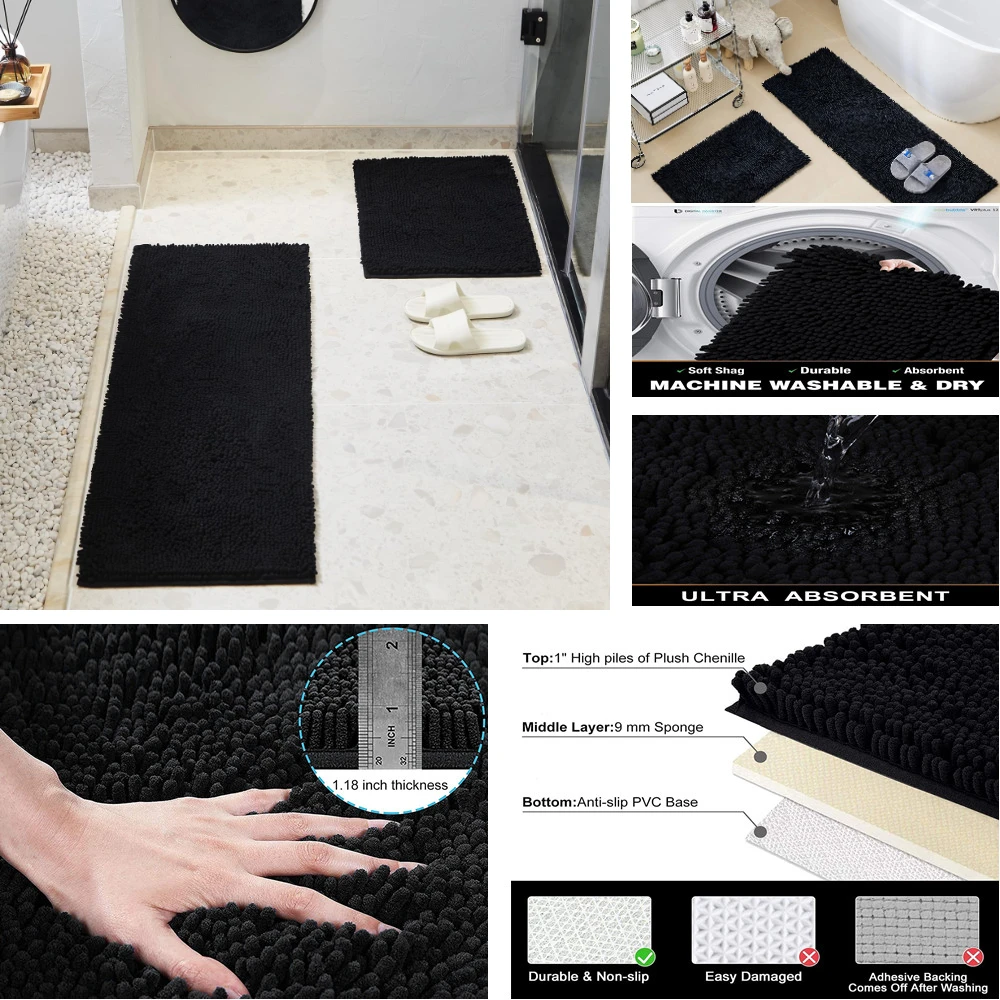 Chenille Bath Rugs Extra Soft Absorbent Shaggy Bathroom Mat Rug Machine Washable Non-Slip Plush Carpet for Tub Shower Bath Room