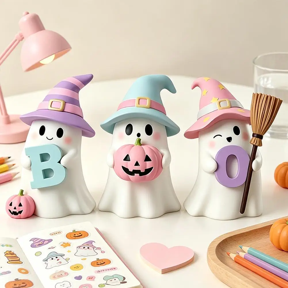 Pink Cute Halloween Ghost Resin Figurine Set Pumpkin Witch Hat Desk Decor Tabletop for Desk, Shelf, Office, Bedroom Home Gifts