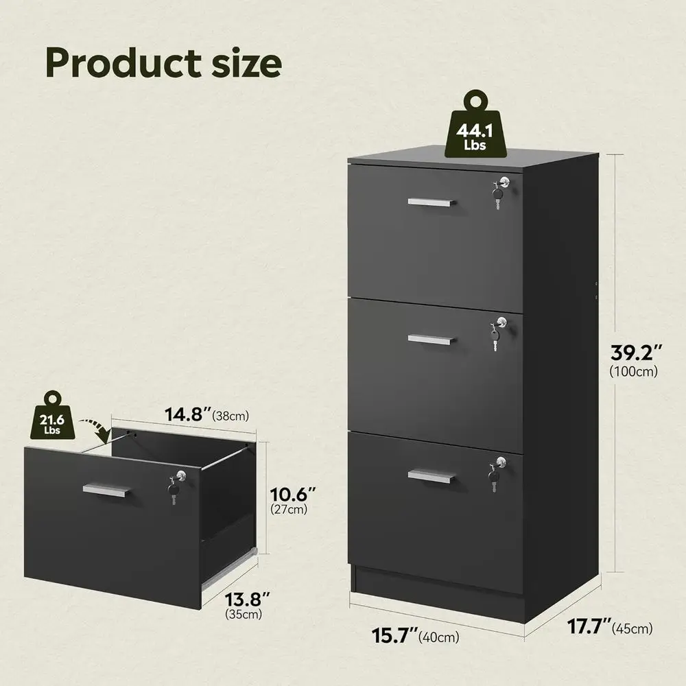 Wood Cabinet with Lock, Printer Stand, Black | Wooden Filing Cabinet for Home Office Storage, Veal Filing Organizer for Letter/A