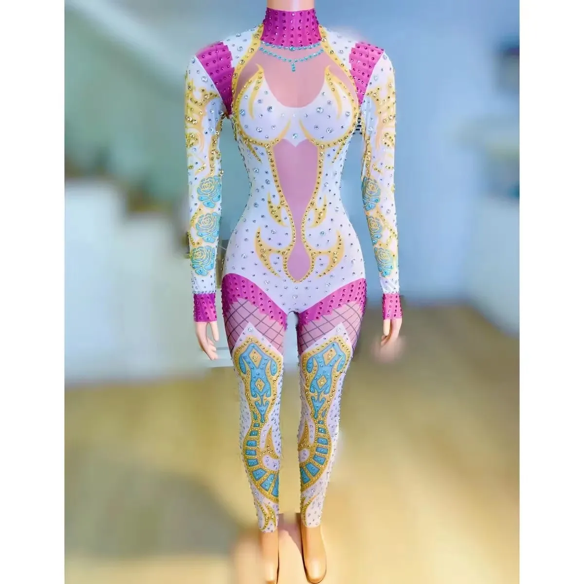 

Personality Printed Colorful Halloween Party Cosplay Costume Crystal Tight Jumpsuit Women Role Playing Stage Performance Leotard