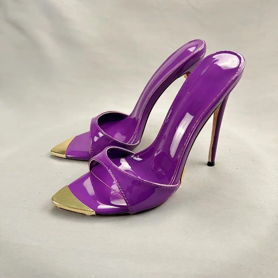 Designer New Shiny Purple Patent Women 12cm Sexy Pointy Toe Slip on Slippers Ladies Stilettos Sandals High Heel Party shoes