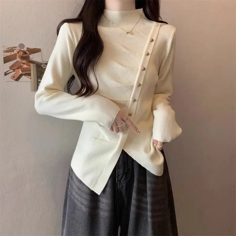 Casual Half High Collar T-shirt Autumn Winter Fashion Irregular Folds Female Clothing Solid Color Basic Spliced Button Pullovers