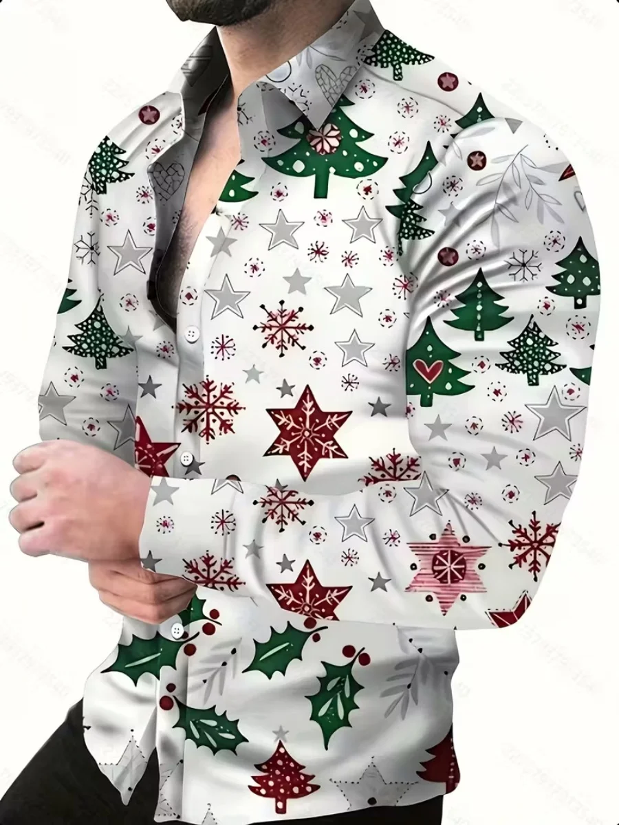 

Loose long-sleeved men's Christmas party shirt, comfortable and fashionable, 3D art print style casual, fast delivery