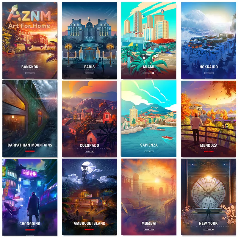 AZNM Retro World City Travel Canvas Print Bangkok Paris Miami Hokkaido Vintage Colorful Global Landscape Scenery Wall Poster Unf