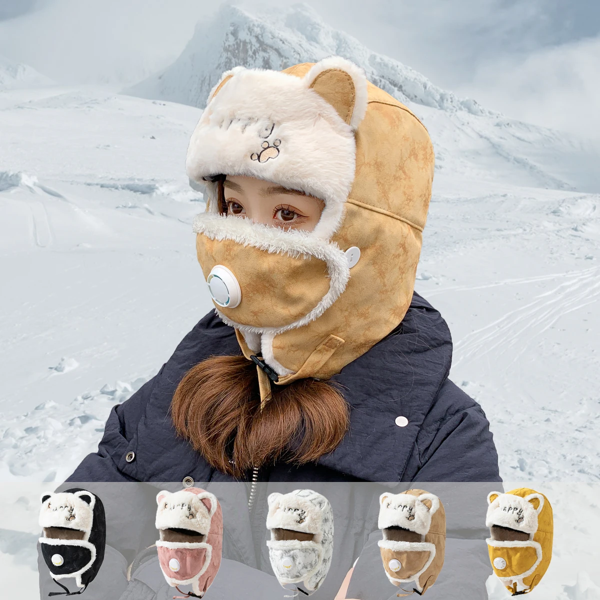 Thick Warm Women Winter Hat Ladies Earflap Trapper Snow Ski Cap Female Mask Ushanka Fur Hat   Women Bomber Hat Scarf Mask Hooded