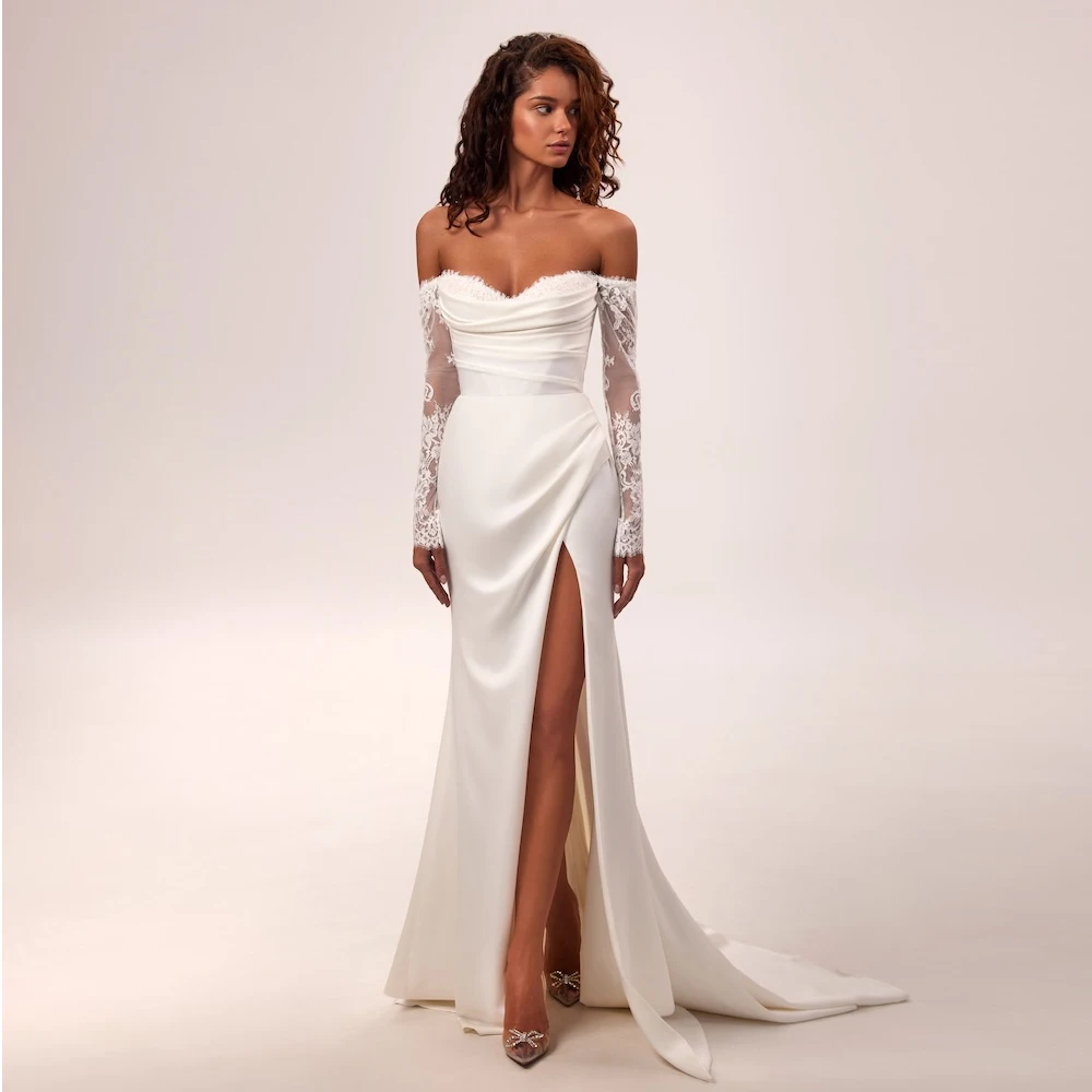 

Fashion Strapless Wedding Dresses Sweetheart Neck 3/4 Sleeves Bridal Grown Front Slit Applique Lace Mermaid Vestidos De Novia