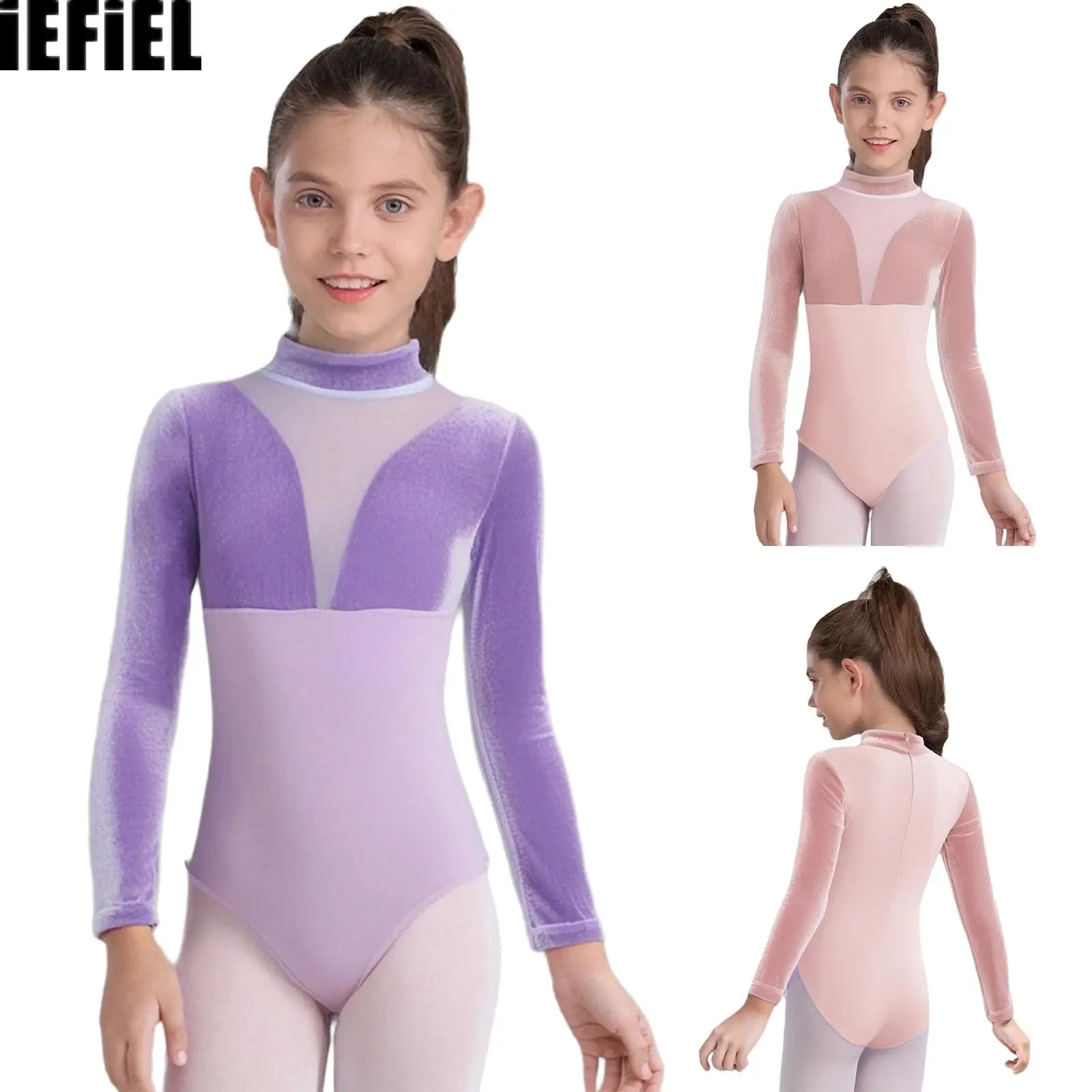 

Kids Girls Patchwork Ballet Leotard Long Sleeves Mock Neck Back Invisible Zipper Velvet Mesh Cotton Bodysuit Dancewear