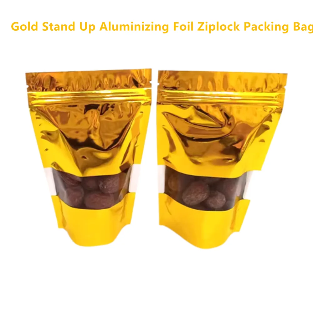 

100pcs Gold Standing Up Aluminum Foil Zip Lock Bags with Clear Window - Zipper Grip Reseal Metallic Aluminized Stand Pack Pouch