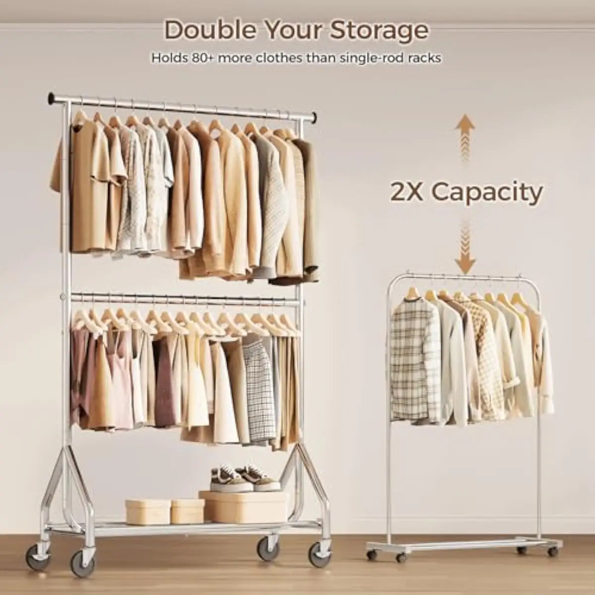 Heavy-Duty 2-Tier Rolling Garment Rack with Adjustable Dual Hanging Rods, Steel Frame, Mesh Shelf & 4 Locking Casters, Space-Sav
