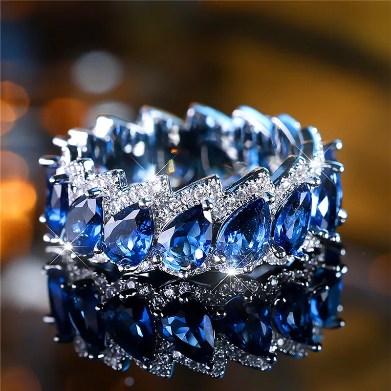 Luxury Female Blue Water Drop Zircon Stone Engagement Ring Trendy Silver Color Bride Wedding Jewelry Gift For Women